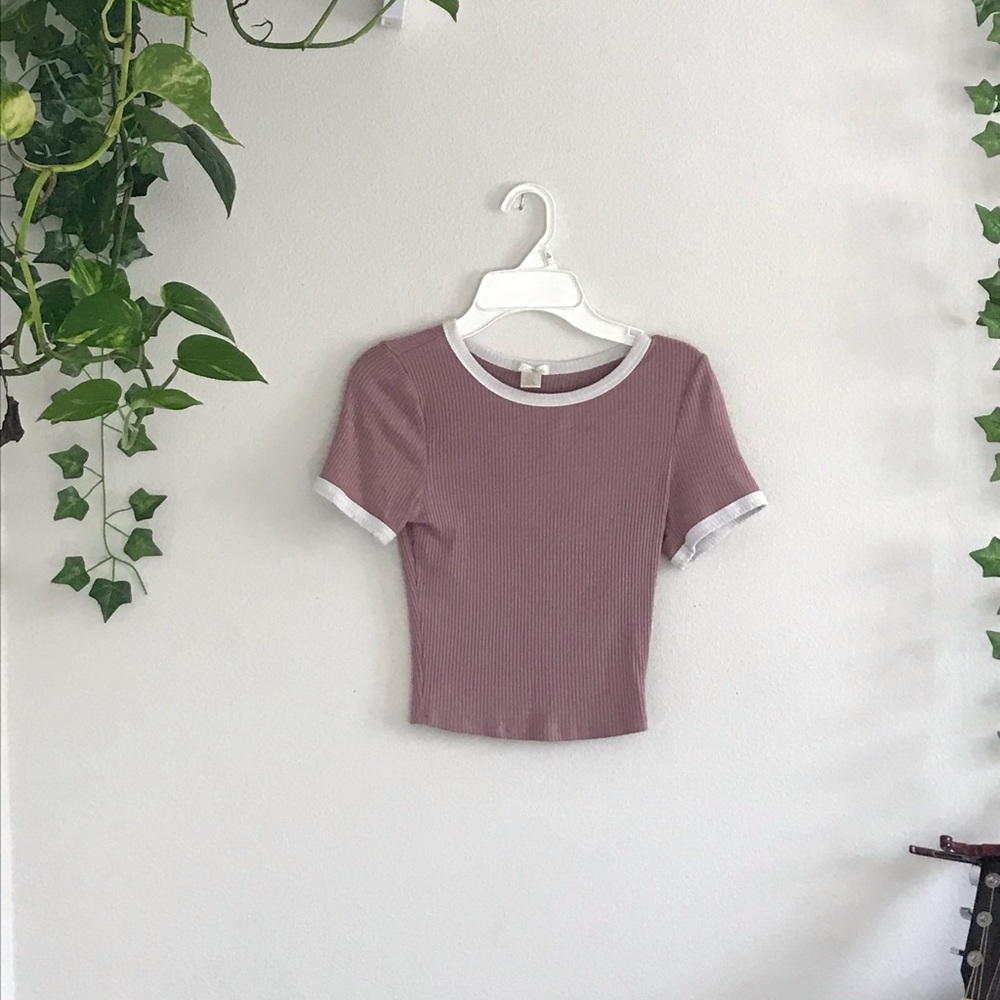 Pink crop top white trim